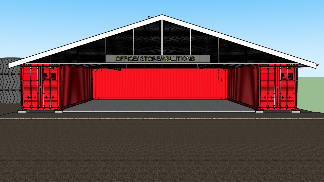 3D conceptual design render of an office and storage facility